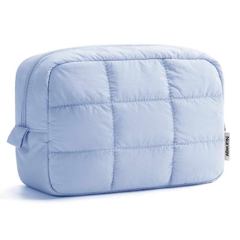 Narwey Quilted Makeup Bag for Women Girl, Puffer Travel Cosmetic Bag Puffy Make Up Bag Organizer, Cute Travel Toiletry Bag for Toiletries (Blue) - Image 1