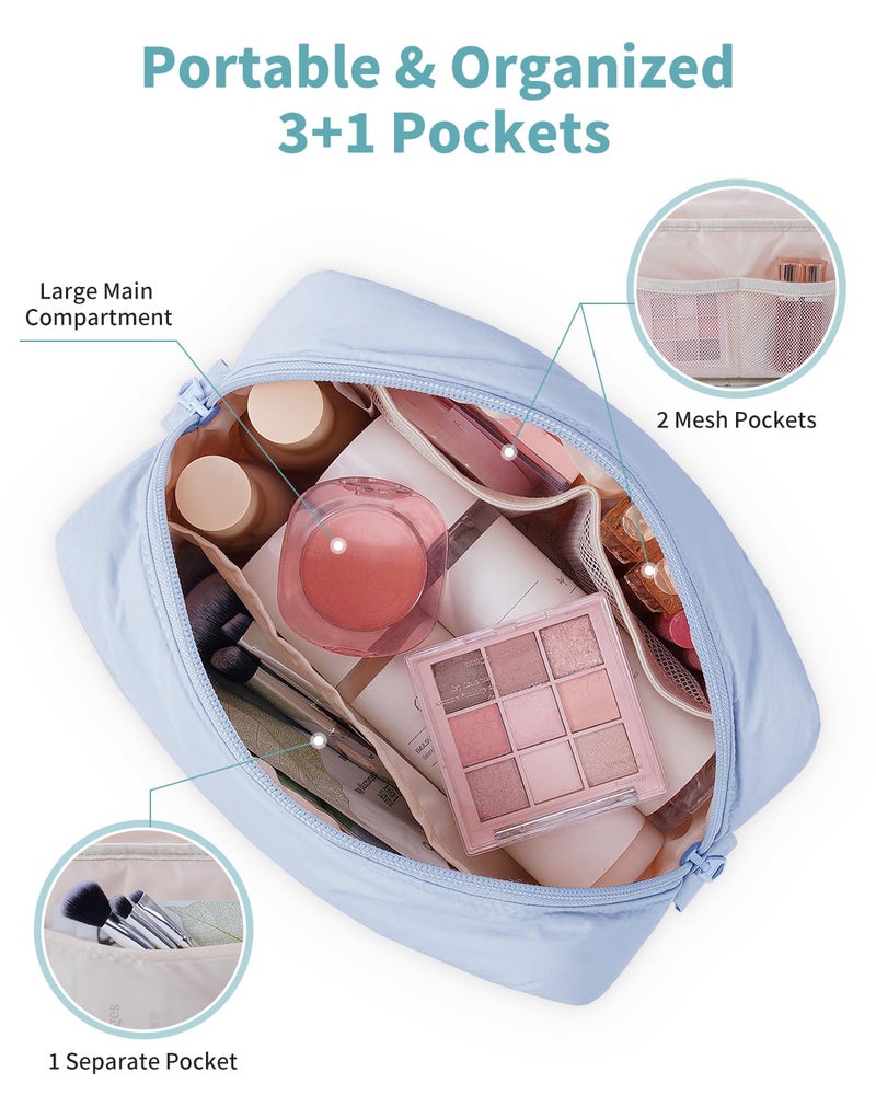 Narwey Quilted Makeup Bag for Women Girl, Puffer Travel Cosmetic Bag Puffy Make Up Bag Organizer, Cute Travel Toiletry Bag for Toiletries (Blue) - Image 3