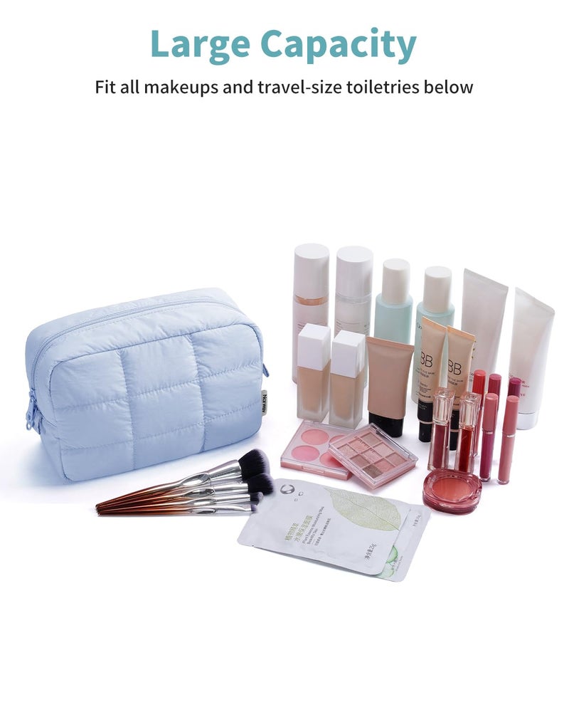 Narwey Quilted Makeup Bag for Women Girl, Puffer Travel Cosmetic Bag Puffy Make Up Bag Organizer, Cute Travel Toiletry Bag for Toiletries (Blue) - Image 5