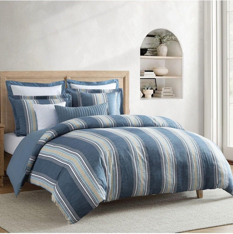 Orange Bed & Bath | Blue Stripe | 100% Cotton Single 11-Piece Duvet Set,Fitted sheet: 191 x 137 + 33 cm - Image 1