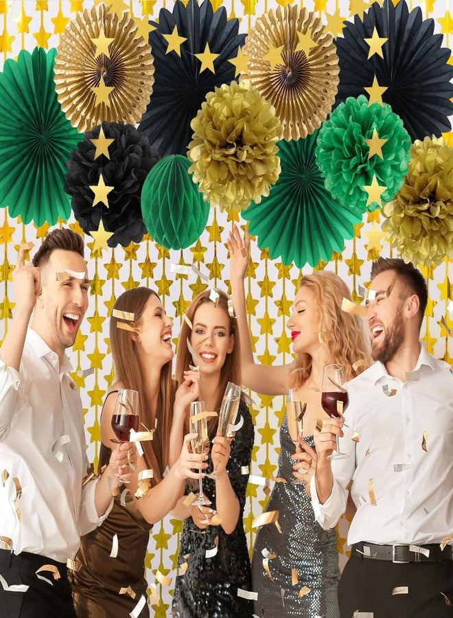 FETETIJD Green Black Gold Birthday Decorations with Happy Birthday Banner Hanging Paper Fans Pom Poms Gold Star Garlands for Men Women Green Black Birthday Decorations - Image 5