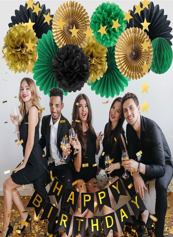 FETETIJD Green Black Gold Birthday Decorations with Happy Birthday Banner Hanging Paper Fans Pom Poms Gold Star Garlands for Men Women Green Black Birthday Decorations - Image 2