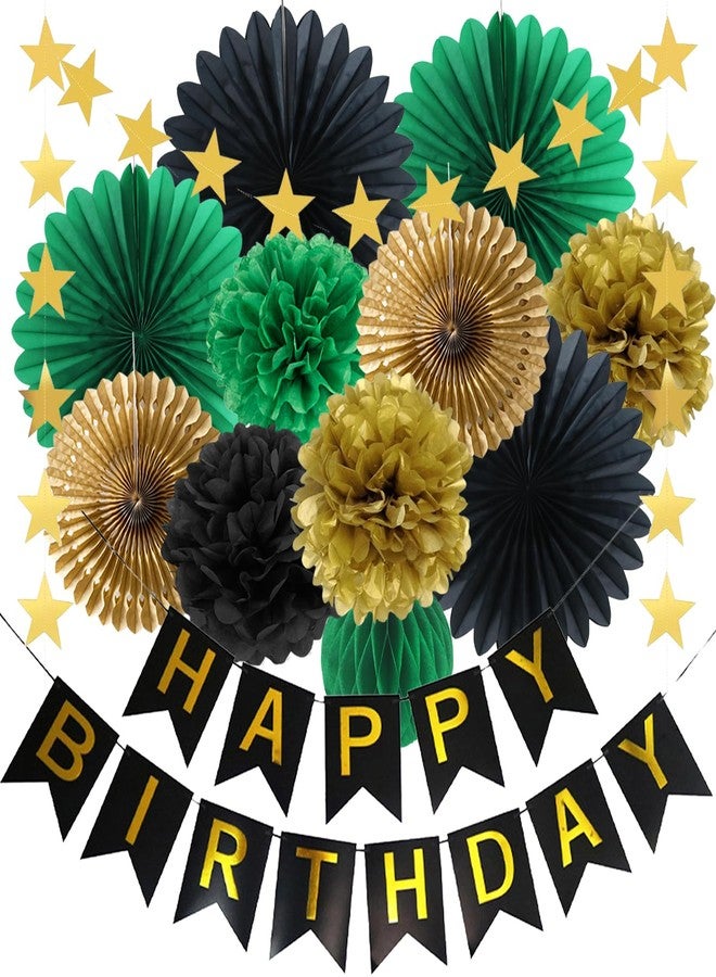 FETETIJD Green Black Gold Birthday Decorations with Happy Birthday Banner Hanging Paper Fans Pom Poms Gold Star Garlands for Men Women Green Black Birthday Decorations - Image 1