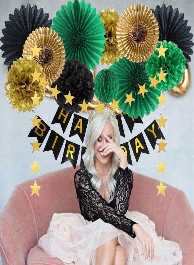 FETETIJD Green Black Gold Birthday Decorations with Happy Birthday Banner Hanging Paper Fans Pom Poms Gold Star Garlands for Men Women Green Black Birthday Decorations - Image 3