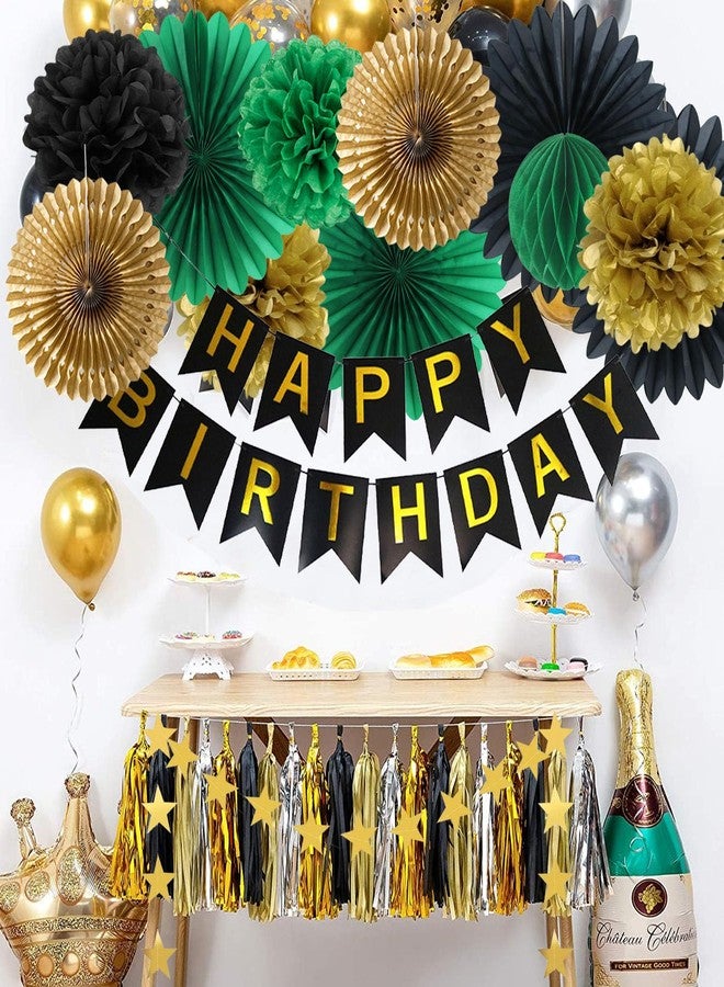 FETETIJD Green Black Gold Birthday Decorations with Happy Birthday Banner Hanging Paper Fans Pom Poms Gold Star Garlands for Men Women Green Black Birthday Decorations - Image 4