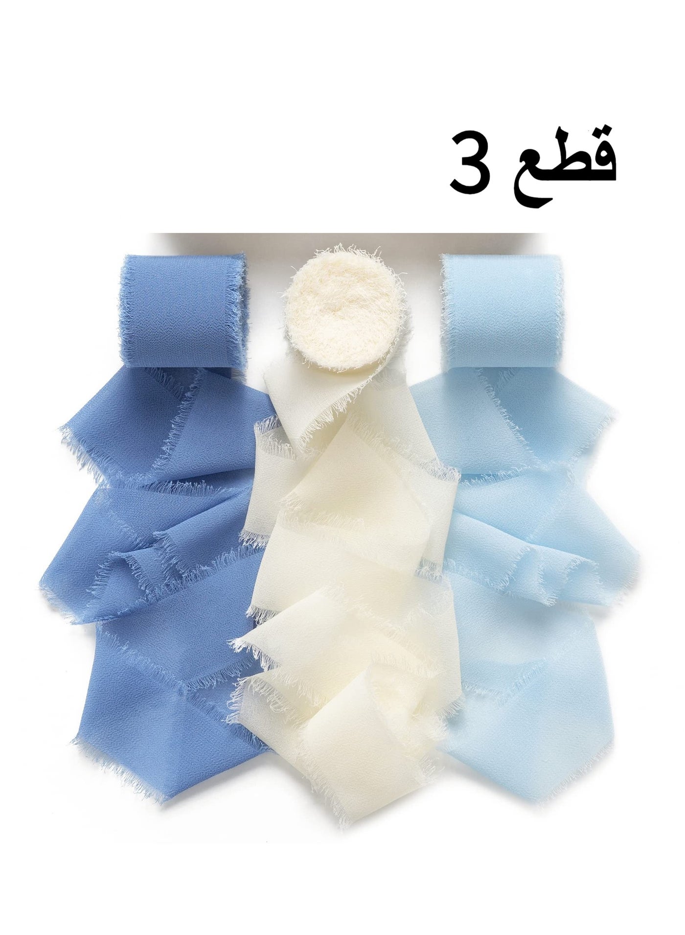 3 Rolls Handmade Fringe Chiffon Ribbon, 4cm x 500cm Silk-Like Ribbon White Dusty Blue Ribbons Set for Wedding Invitations, Bridal Bouquets, Gifts Wrapping, DIY Crafts