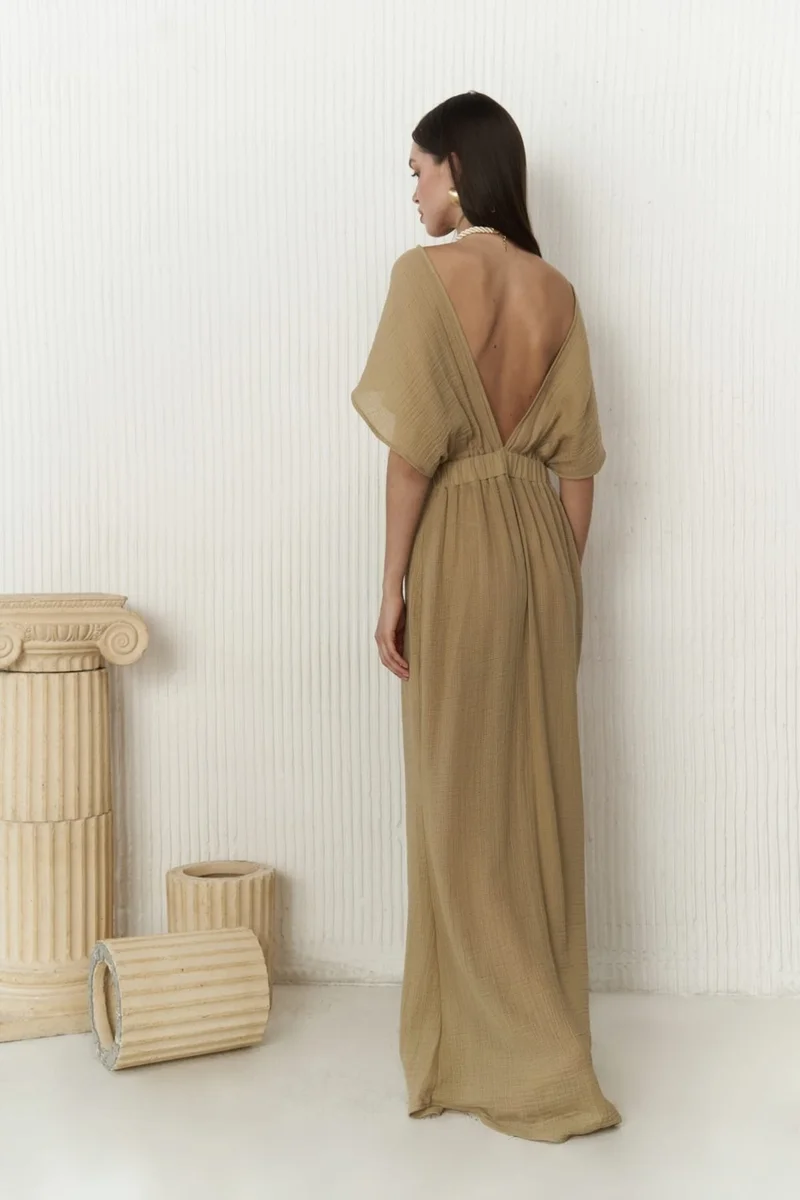بوهيماي Fremen Front Cross Detail Khaki Dress