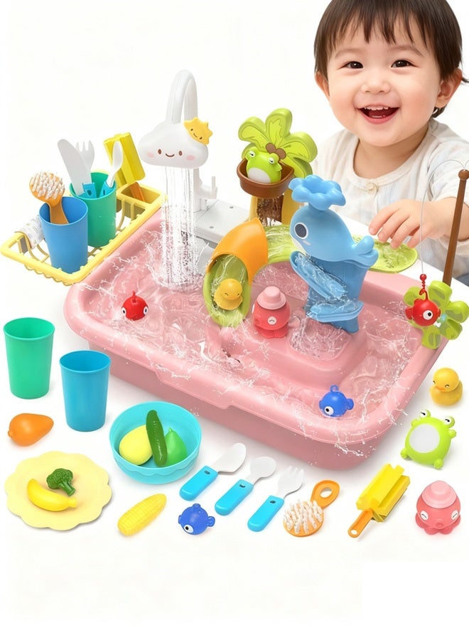 Pretend Play Kitchen Sink Toys Kids Sink Toys , Play Kitchen Toy Accessories, Pool Floating Fishing Toys for Water Play, Kids Role Play Dishwasher Toy,for Toddler Boys Girls(Pink) - Image 1