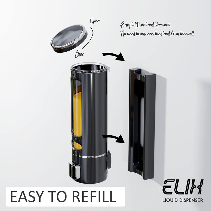 Pixaflo Plastic Elix Liquid Sanitizer Shower Gel Dish Wash Soap Dispenser For Bathroom Kitchen 400 Ml Capacity Wall Mounted Black Pack Of 2 - Image 3