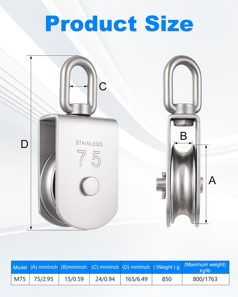 Rocaris 2 Pack M75 Lifting Single Pulley Roller Loading 1700Ibs, 304 Stainless Steel Heavy Duty Single Wheel Swivel Lifting Rope Pulley Block - Image 3