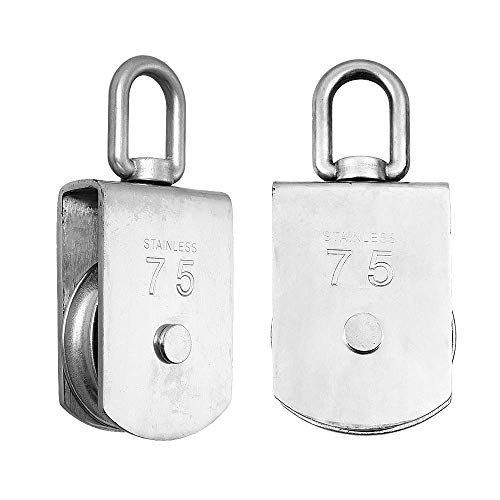 Rocaris 2 Pack M75 Lifting Single Pulley Roller Loading 1700Ibs, 304 Stainless Steel Heavy Duty Single Wheel Swivel Lifting Rope Pulley Block - Image 1