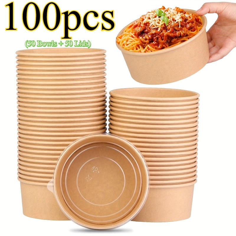 100 وعاء من ورق الكرافت مع أغطية، حاويات طعام جاهزة مقاومة للتسرب للاستخدام مرة واحدة - Image 1