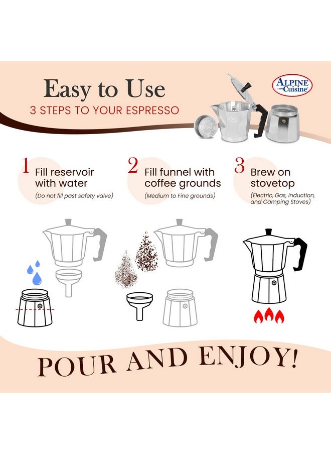 Alpine Cuisine Alpine Cuisine Stovetop Espresso Maker 12.5 Oz, 9 Espresso Cups Moka Pot for Classic Italian and Cuban Coffee Maker, Aluminum Moka Pot, Makes Delicious Coffee, Excellent Camping Coffee Pot  - Image 5