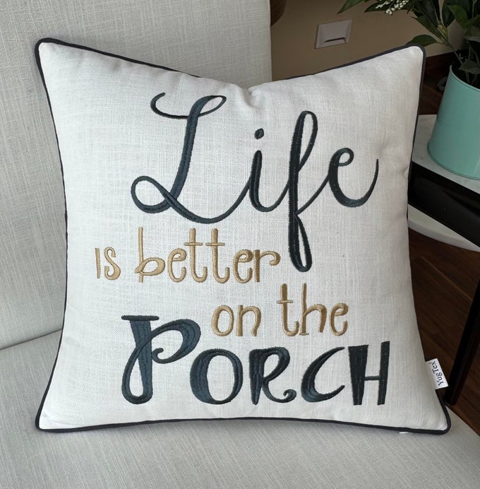 LIFE IS BETTER ON THE PORCH EMBROIDERED COTTON DECORATIVE SQUARE ACCENT THROW PILLOW COVER DECOR FOR COUCH PORCH NEW HOME 18X18 INCHES OFFWHITE