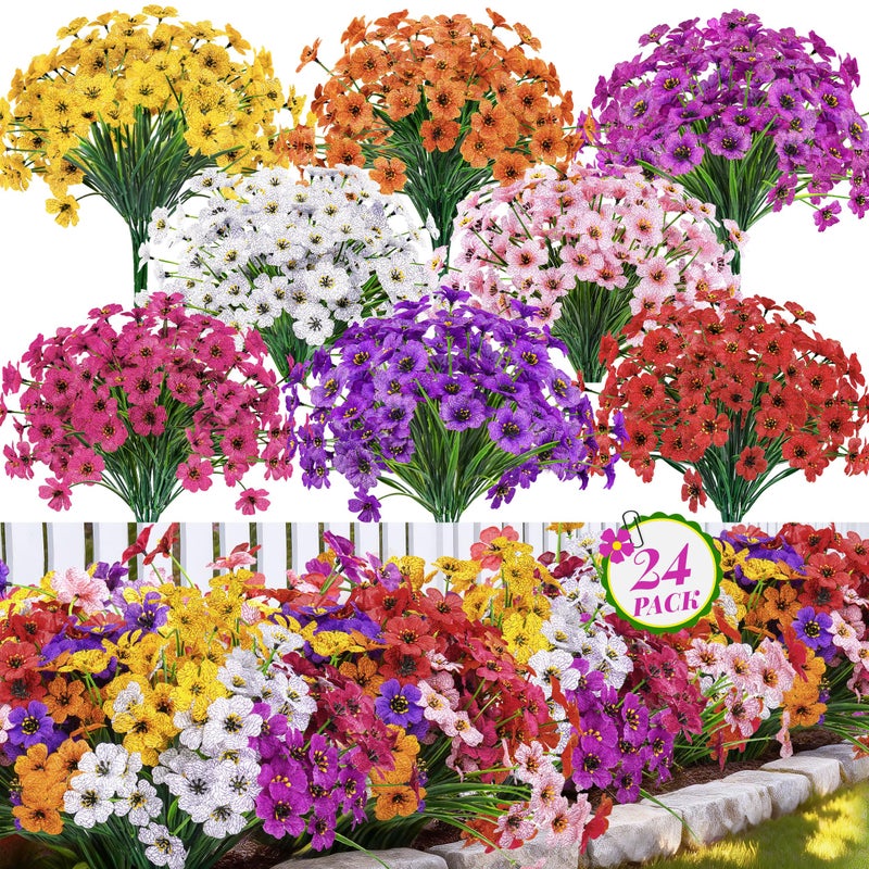 Der Rose 24 Bundles Artificial Flowers for Outdoor UV Resistant Faux Plants Spring Flowers for Outdoor Planters Wedding Home Garden Patio Porch Decor (8 Colors) - Image 1