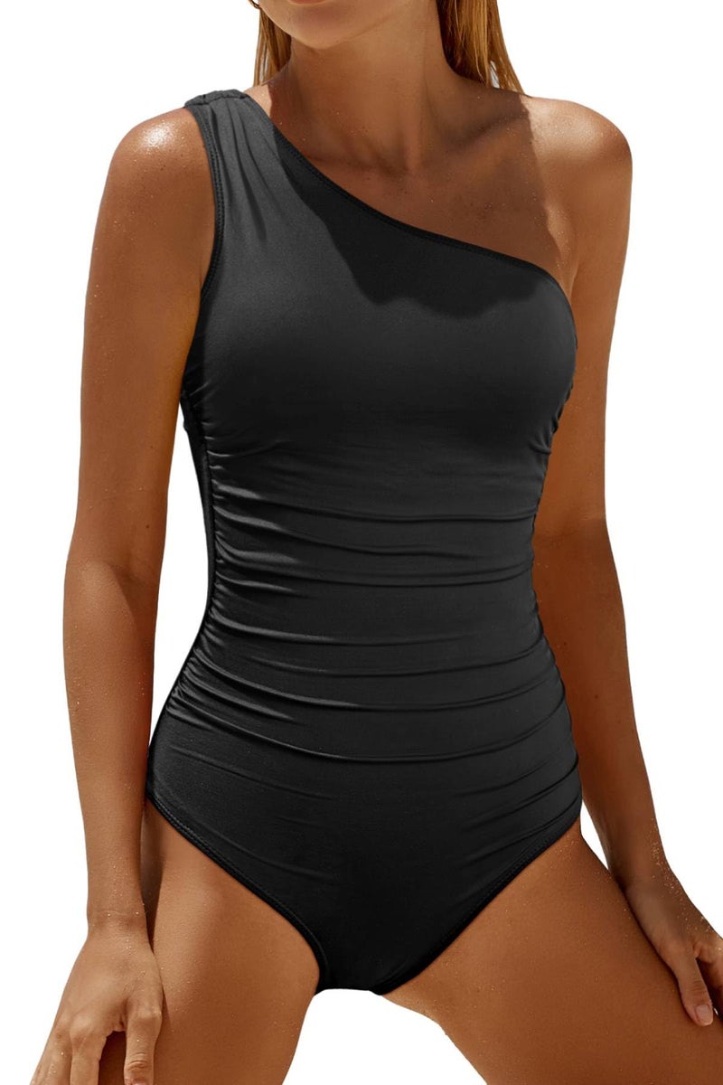 Daci Black One Shoulder One Piece Swimsuits for Women Tummy Control Bathing Suits Modest Full Coverage Slimming Swimwear L - Image 1