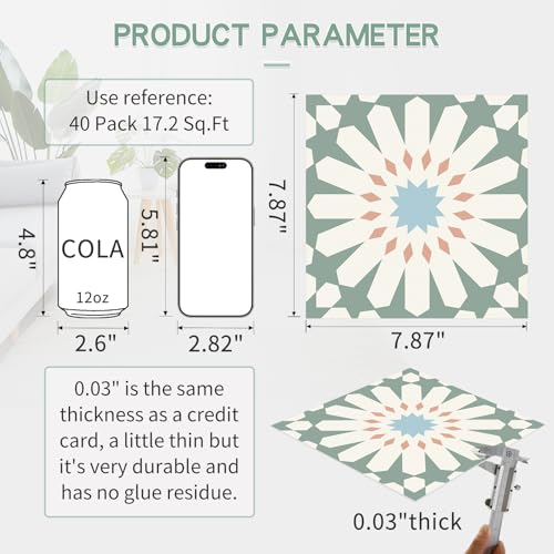 MORCART Peel and Stick Floor Tile - 40 PCS, 7.87" x 7.87" Vinyl Flooring - Waterproof Self-Adhesive Tile Sticker for Wall Backsplashes, Bathroom, Kitchen - Green and White Floral Look - Image 2