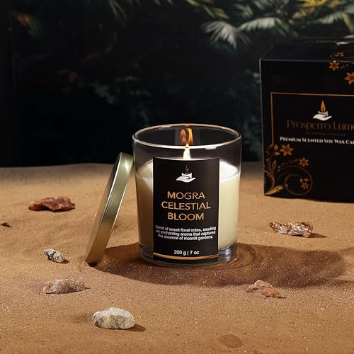 PROSPERRO LUMO by Parkash Candles Premium Scented Soy Wax Candle 200 gm 25-30 Hrs Luxury Aroma Therapy Votive Jar Scented Candles for Home Decor Gift Set (MOGRA Celestial Bloom) - Image 1
