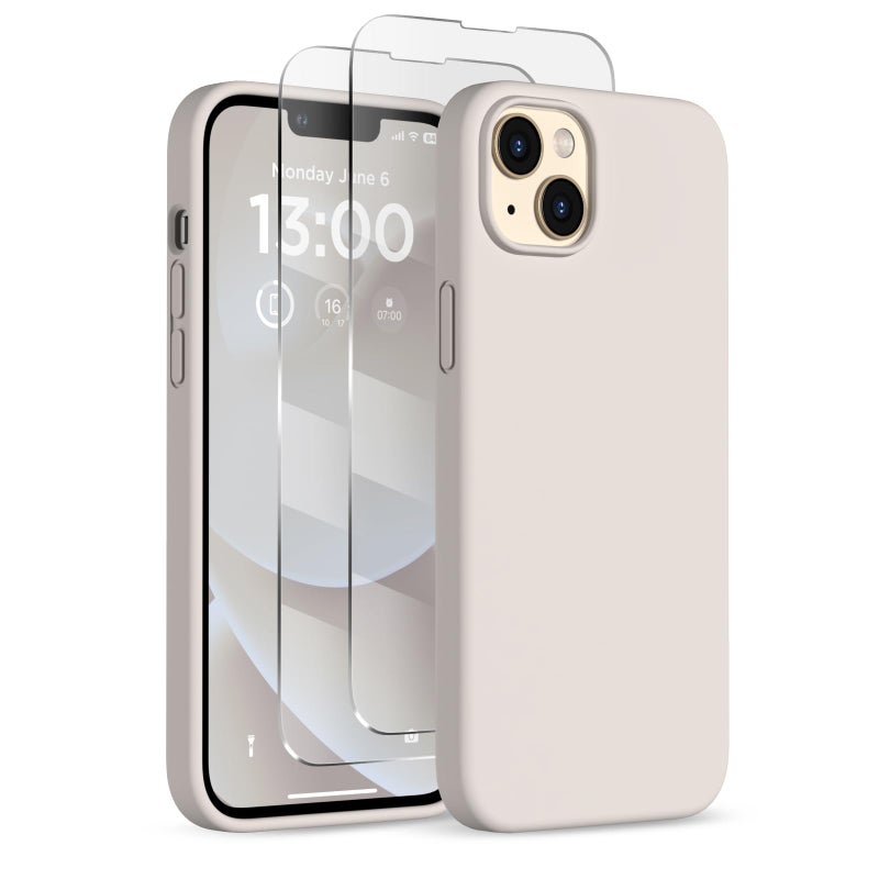 COFFKER for iPhone 13 Phone Case with [2X Screen Protectors], Liquid Silicone Shockproof Protective with Soft Anti-Scratch Microfiber Lining Slim Thin Case for iPhone 13 6.1 inch, Stone - Image 1