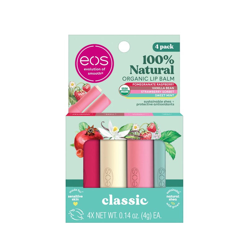 eos 100 Natural  Organic Lip Balm Sticks Strawberry Sorbet Vanilla Bean Sweet Mint  Pomegranate Raspberry Lip Care Products 014 oz 4Pack