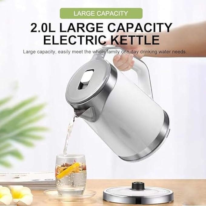 AoMige 304 Stainless Steel Electric Kettle 2L Double Layer AntiScald Cordless Kettle W360Degree Cord Design HeaterAuto ShutOffQuickly BoilBoilDry Protection For Daily Hot Drink Metal Kettle 2L628 - Image 2