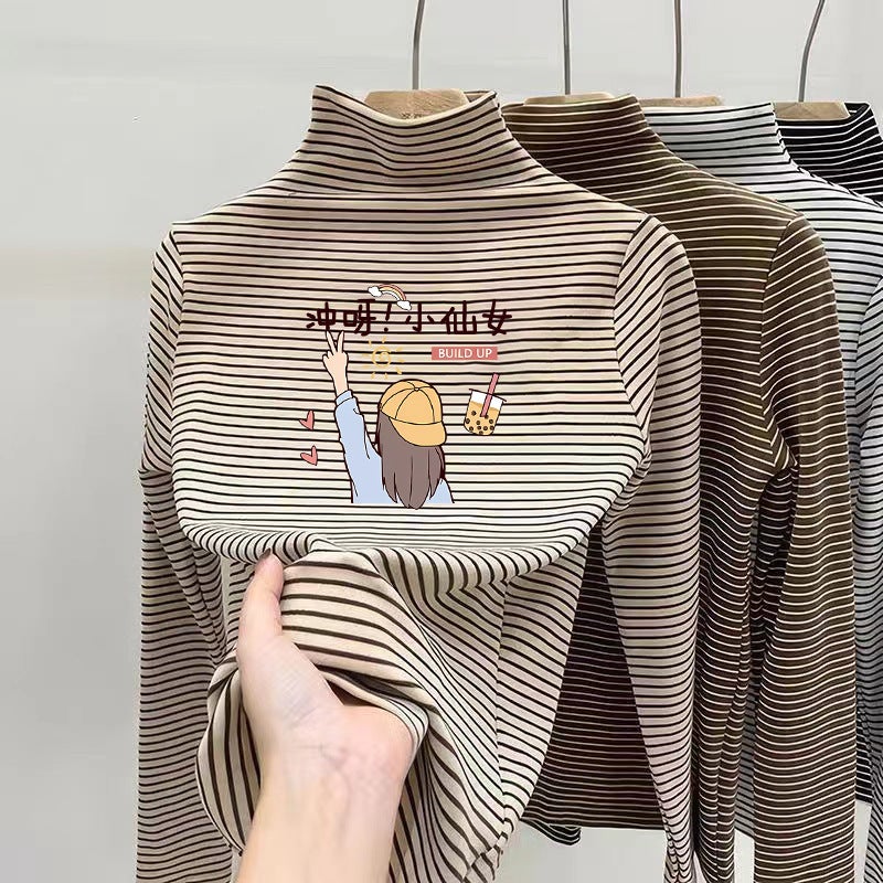 Double-Sided Velvet Semi-High Collar Bottoming Shirt Women'S Fleece-Lined Thick Warm Long Sleeve T-Shirt Striped Top T - Image 5