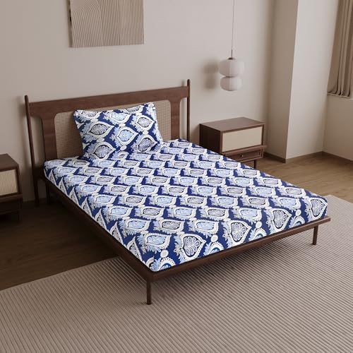 Divine Casa 144 TC 100% Cotton Single Bedsheet with 1 Pillow Cover | Skin-Friendly Fabric for Everyday Comfort | 223 X 145 CM | Floral Pattern | Dazzling Blue - Image 1