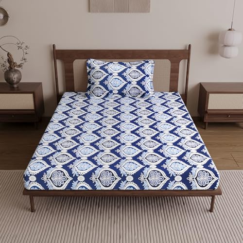 Divine Casa 144 TC 100% Cotton Single Bedsheet with 1 Pillow Cover | Skin-Friendly Fabric for Everyday Comfort | 223 X 145 CM | Floral Pattern | Dazzling Blue - Image 2
