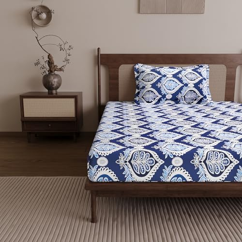 Divine Casa 144 TC 100% Cotton Single Bedsheet with 1 Pillow Cover | Skin-Friendly Fabric for Everyday Comfort | 223 X 145 CM | Floral Pattern | Dazzling Blue - Image 3