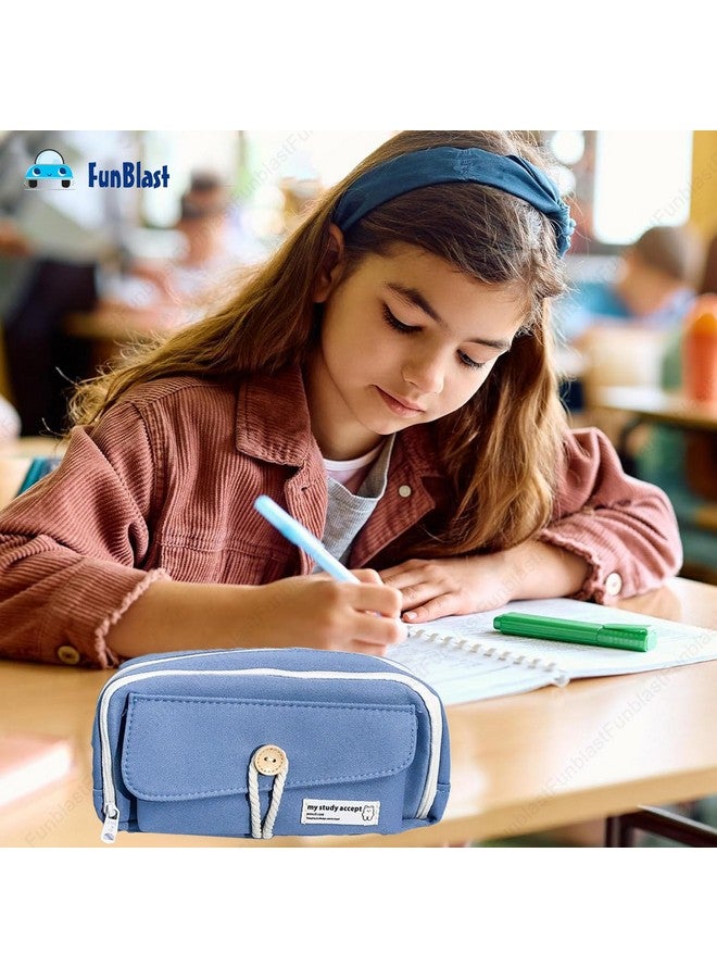 FunBlast Pencil Pouch, Pencil case for Girls, Large Capacity Stationary Organizer Case, Aesthetic Pencil Case Organizer, Multipurpose Zipper Pouch for Kids & Adults (Blue) - Image 2