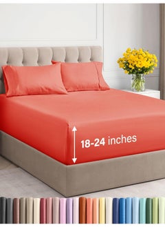 Extra Deep Twin XL Sheet Set - 4 Piece Breathable & Cooling Sheets - Hotel Luxury Bedding Set with 18-24 Inch Extra Deep Pockets - Easy Fit - Super Soft, Wrinkle Free and Comfy - Coral, Twin XL Size