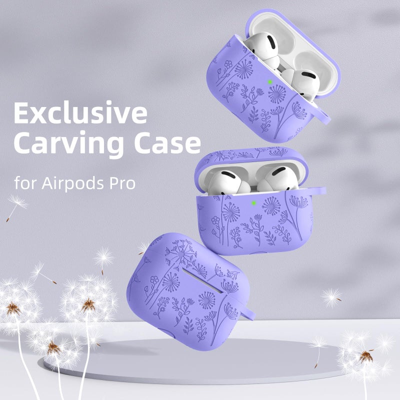 Lerobo Flower Engraved Cover for Airpods Pro 2nd 1st Generation Case USB C, Cute Soft Silicone Skin Full Protective Cover Compatible with Apple AirPods Pro/Pro 2 Case, Front LED Visible, Bluish Violet - Image 2