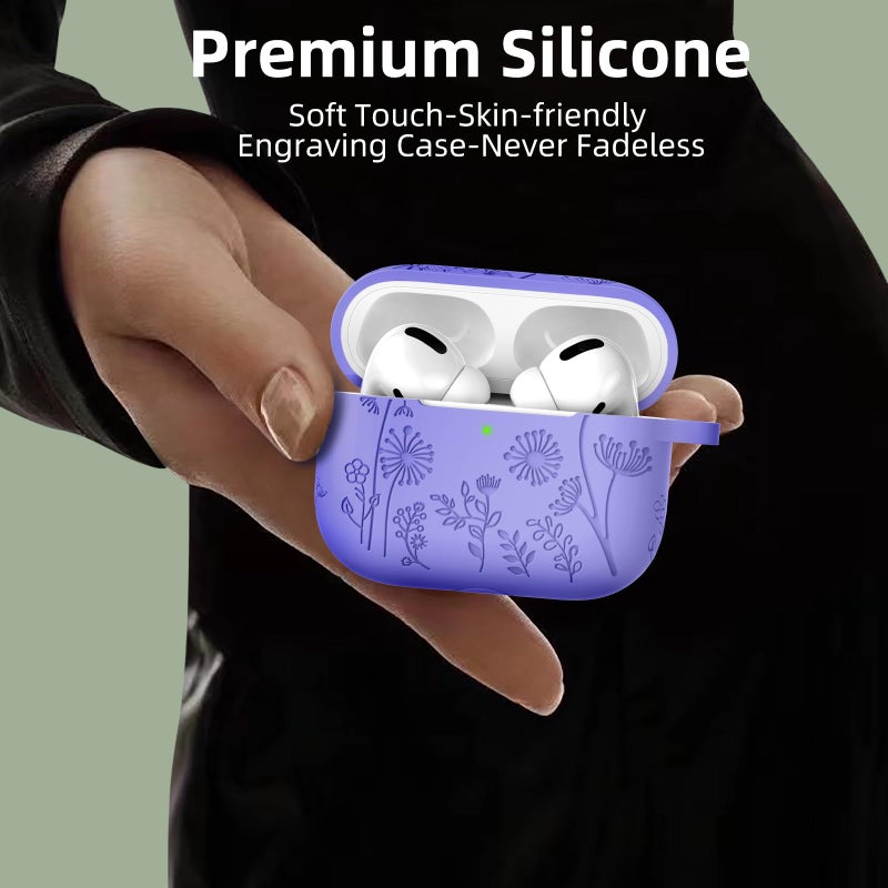 Lerobo Flower Engraved Cover for Airpods Pro 2nd 1st Generation Case USB C, Cute Soft Silicone Skin Full Protective Cover Compatible with Apple AirPods Pro/Pro 2 Case, Front LED Visible, Bluish Violet - Image 4