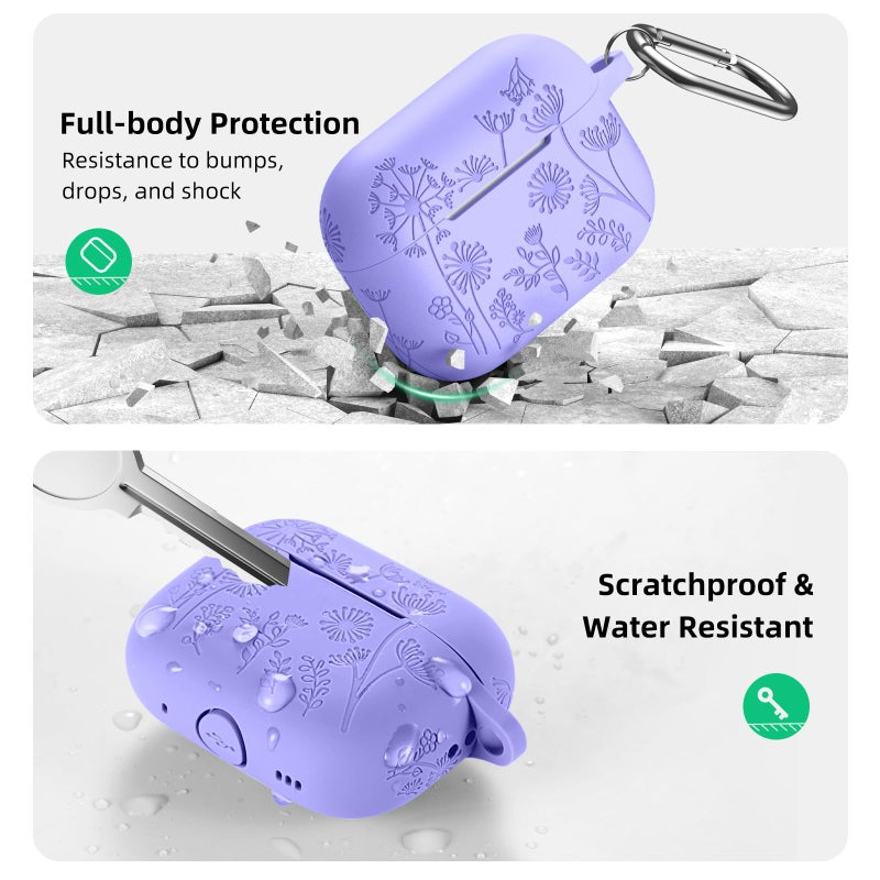 Lerobo Flower Engraved Cover for Airpods Pro 2nd 1st Generation Case USB C, Cute Soft Silicone Skin Full Protective Cover Compatible with Apple AirPods Pro/Pro 2 Case, Front LED Visible, Bluish Violet - Image 3