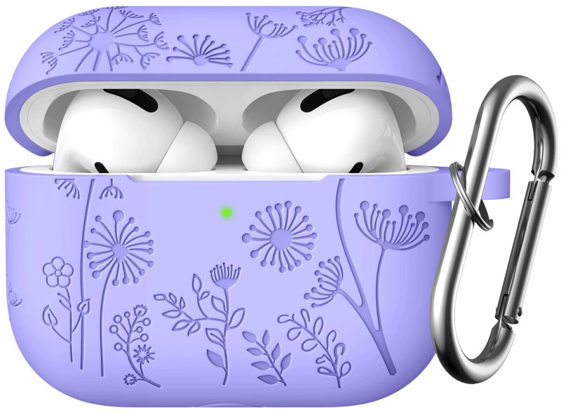 Lerobo Flower Engraved Cover for Airpods Pro 2nd 1st Generation Case USB C, Cute Soft Silicone Skin Full Protective Cover Compatible with Apple AirPods Pro/Pro 2 Case, Front LED Visible, Bluish Violet - Image 1