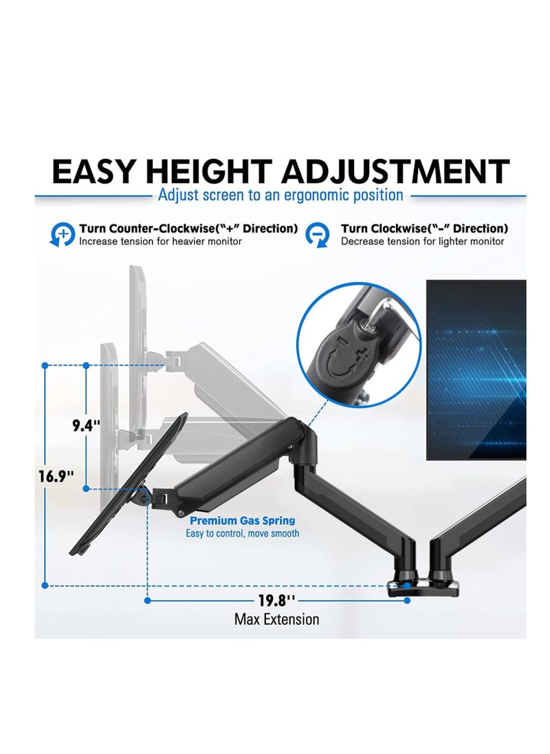 ELTRAZONE - Versatile Dual Monitor Mount - Adjustable Gas Spring Arm Stand for Enhanced Workspace Ergonomics - Clamp or Grommet Base - Supports 13 to 32 Inch Monitors" - Image 1