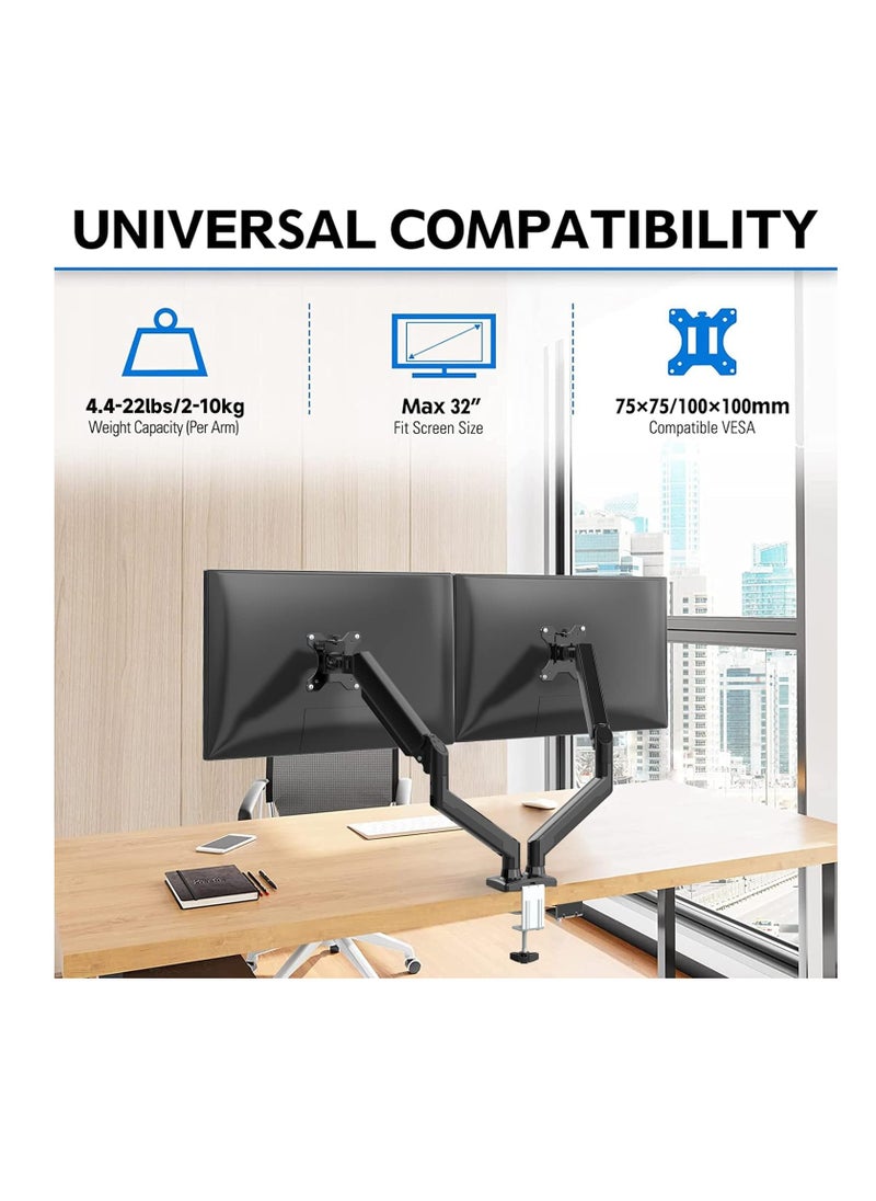 ELTRAZONE - Versatile Dual Monitor Mount - Adjustable Gas Spring Arm Stand for Enhanced Workspace Ergonomics - Clamp or Grommet Base - Supports 13 to 32 Inch Monitors" - Image 1