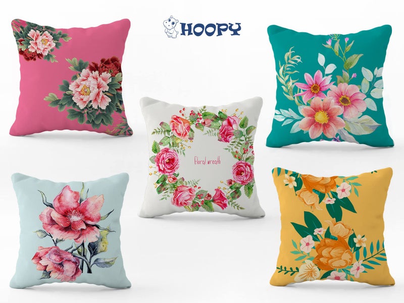 HOOPY Canvas Set of 5 Designer Decorative Throw Pillow/Cushion Covers (16 inch x 16 inch, Floral Wreath Print), Multicolor - Image 4