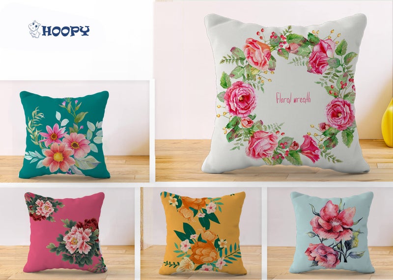 HOOPY Canvas Set of 5 Designer Decorative Throw Pillow/Cushion Covers (16 inch x 16 inch, Floral Wreath Print), Multicolor - Image 2