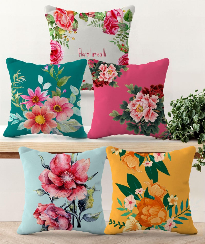 HOOPY Canvas Set of 5 Designer Decorative Throw Pillow/Cushion Covers (16 inch x 16 inch, Floral Wreath Print), Multicolor - Image 1