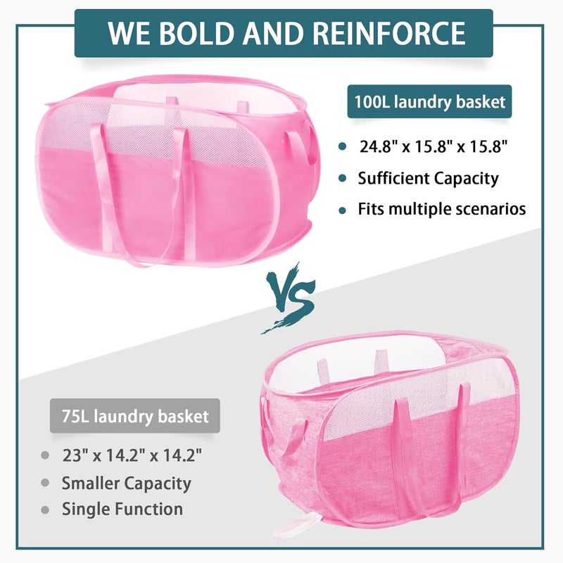 BATTOO Collapsible Laundry Baskets, Tear Proof Pop Up Laundry Hamper with Dual Handles, Durable Foldable Laundry Basket, Easy to Carry Laundry Hamper for Home, Laundry Room, Bedroom, Dorm, Travel Pink - Image 4