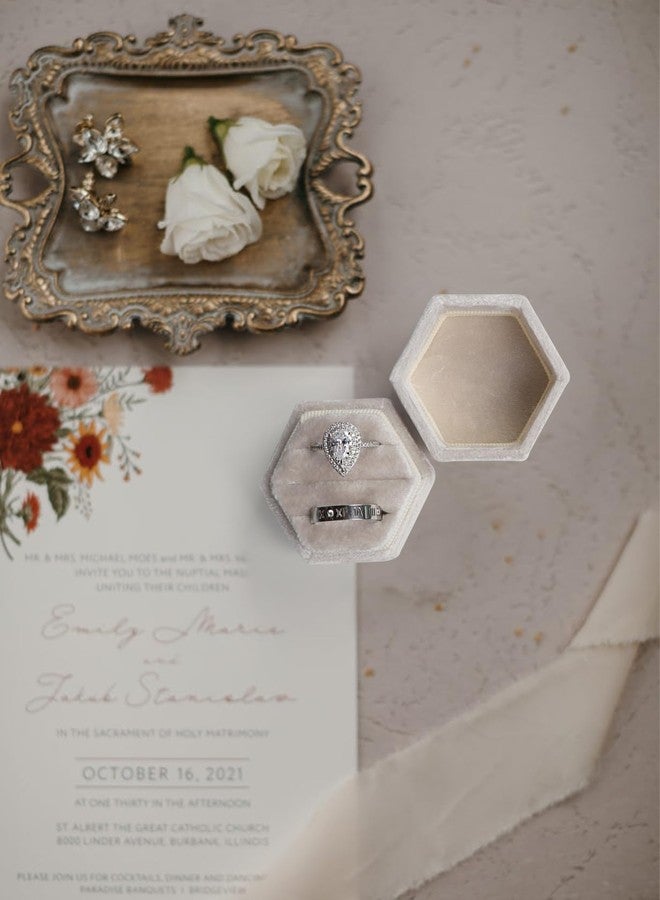 sovia Velvet Ring Box, 3 Slots Wedding Ring Box, Hexagon Engagement Ring Box, Premium Jewelry Ring Box for Proposal Engagement Wedding Day Bridal Photo - Image 5