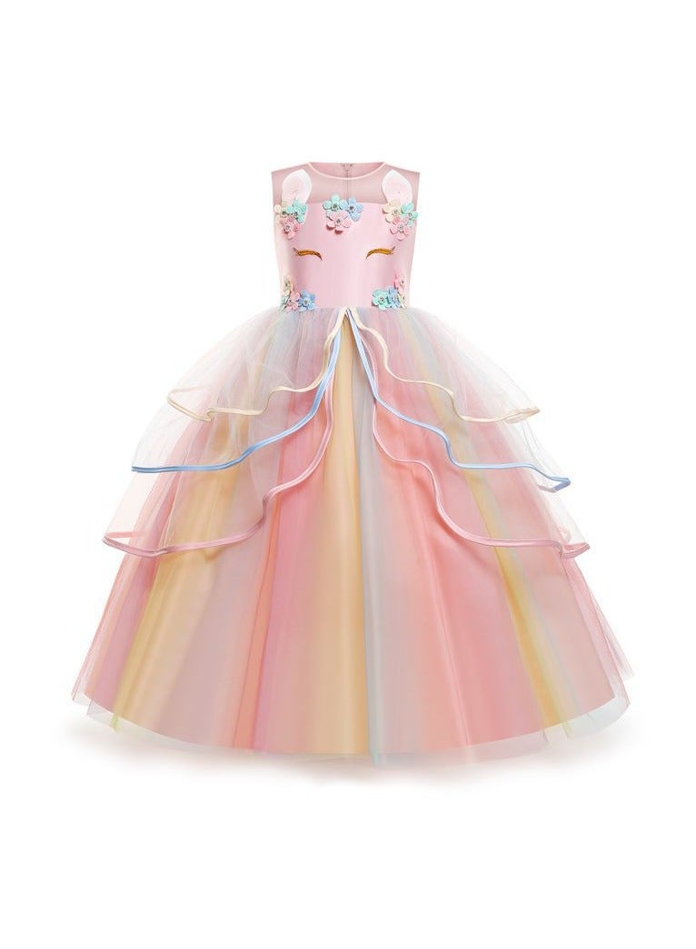 Girls' Unicorn-Inspired Long Princess Dress – Elegant Party Dress for Kids, Princess Dresses for Girls, Birthday Dress, Girls Frock, Tulle Dress, Kids Girl Dress, Formal Event Gown, Kids Wear Girls, Party Dress for Kids – Pink, 120cm (6-8Y) - Image 1
