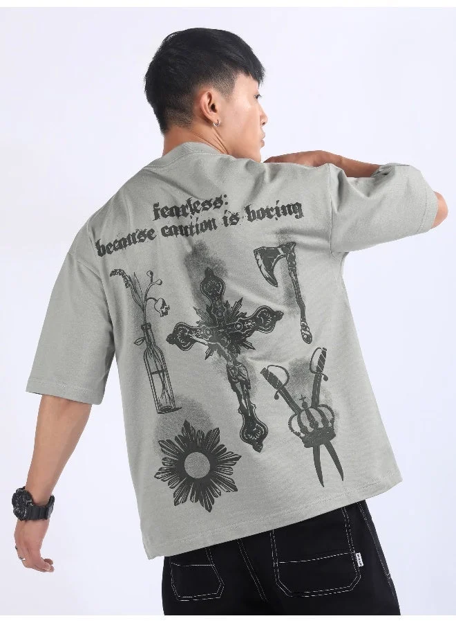 Beyoung Light Grey Spray Print Gothic Oversized T-Shirt