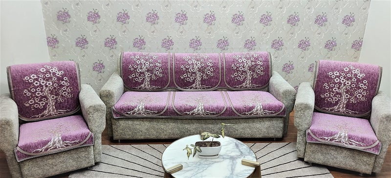 Kreeva Velvet Floral 6 Piece 5 Seater Sofa Cover and Chair Set (3+1+1), Onion Purple - Image 1