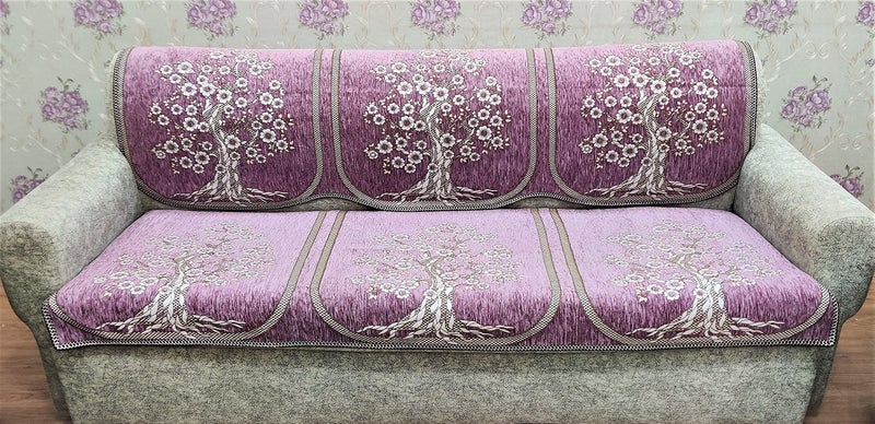 Kreeva Velvet Floral 6 Piece 5 Seater Sofa Cover and Chair Set (3+1+1), Onion Purple - Image 2