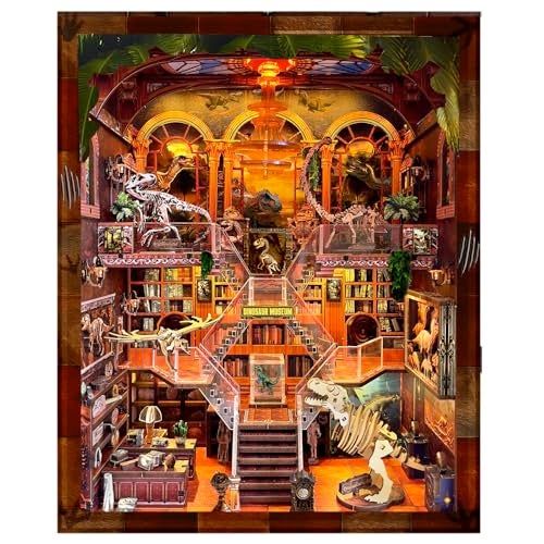 VORATHIS Book Nook Kit  DIY Booknook for Dinosaur Museum 3D Wooden Puzzle with LED Light Stunning Bookshelf Decor for Holidays Birthdays  Home Libraries - Image 1