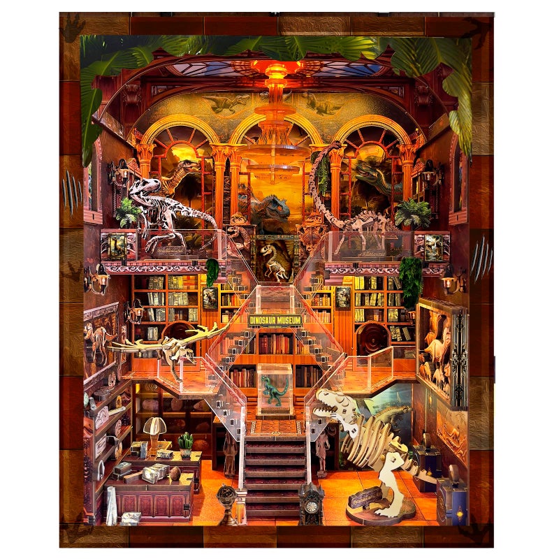 VORATHIS Book Nook Kit  DIY Booknook for Dinosaur Museum 3D Wooden Puzzle with LED Light Stunning Bookshelf Decor for Holidays Birthdays  Home Libraries - Image 3