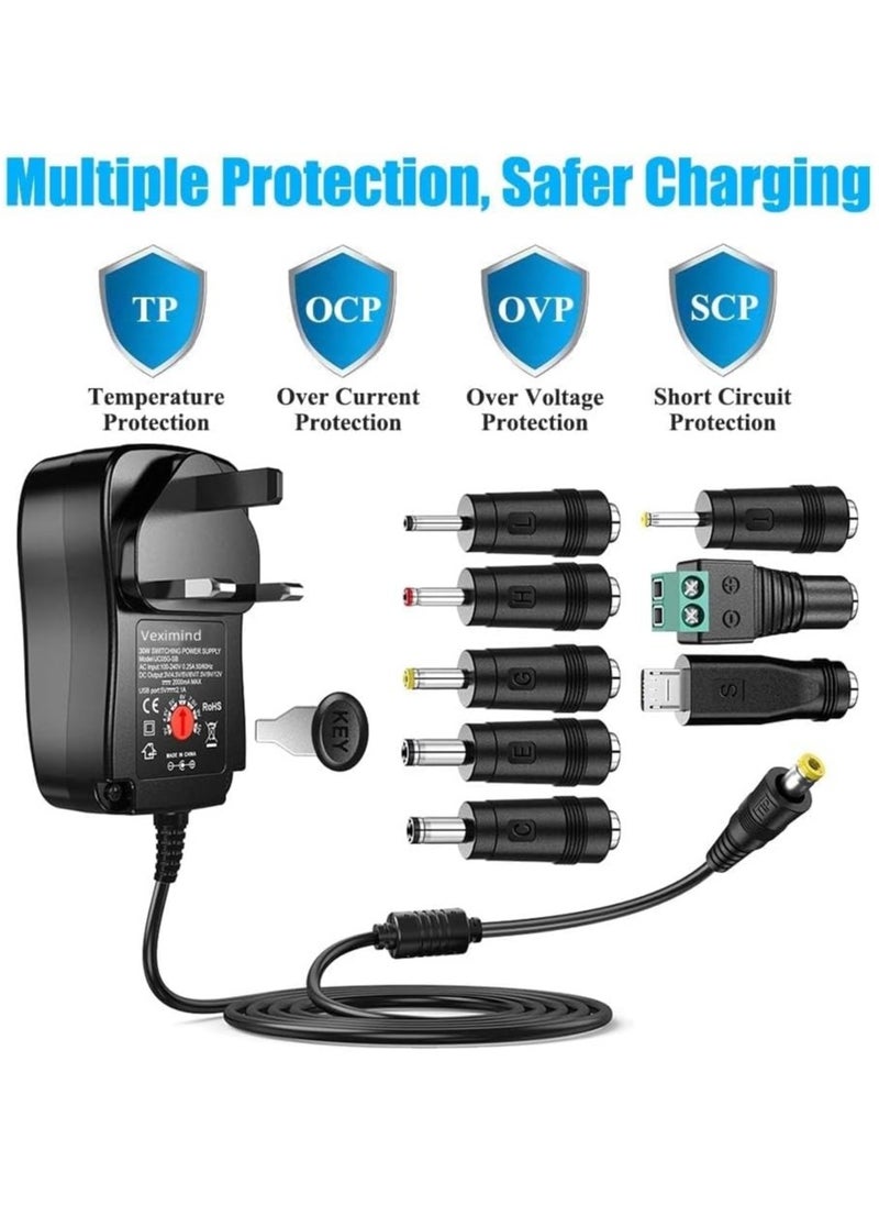 ARNOTEC Universal 30W 3V 4.5V 5V 6V 7.5V 9V 12V AC/DC Adapter Switching Power Supply Charger PSU with 8 Selectable Adaptor Tips for 3V-12V Household Electronics and LED Strip - 2000mA Max  - Image 2