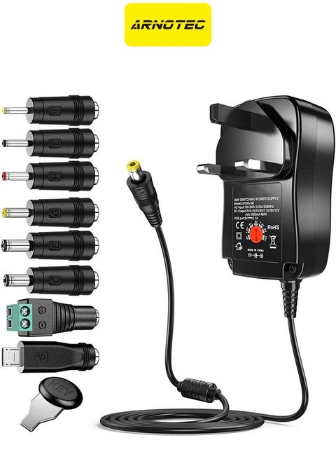 Universal 30W 3V 4.5V 5V 6V 7.5V 9V 12V AC/DC Adapter Switching Power Supply Charger PSU with 8 Selectable Adaptor Tips for 3V-12V Household Electronics and LED Strip - 2000mA Max